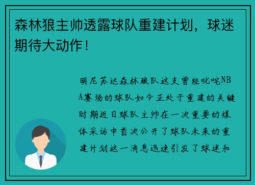 森林狼主帅透露球队重建计划，球迷期待大动作！