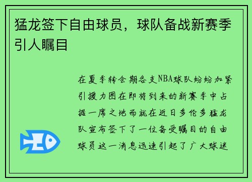 猛龙签下自由球员，球队备战新赛季引人瞩目