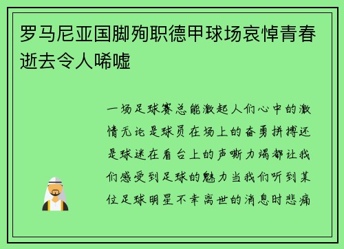 罗马尼亚国脚殉职德甲球场哀悼青春逝去令人唏嘘