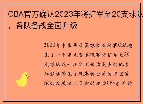 CBA官方确认2023年将扩军至20支球队，各队备战全面升级